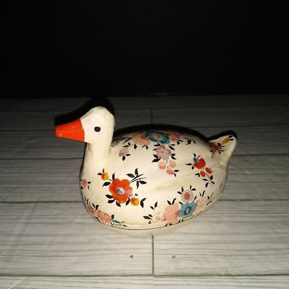 Vintage Hand Painted Wooden Duck With Flowers Trinket Jewelry Decor Box - Picture 7 of 9